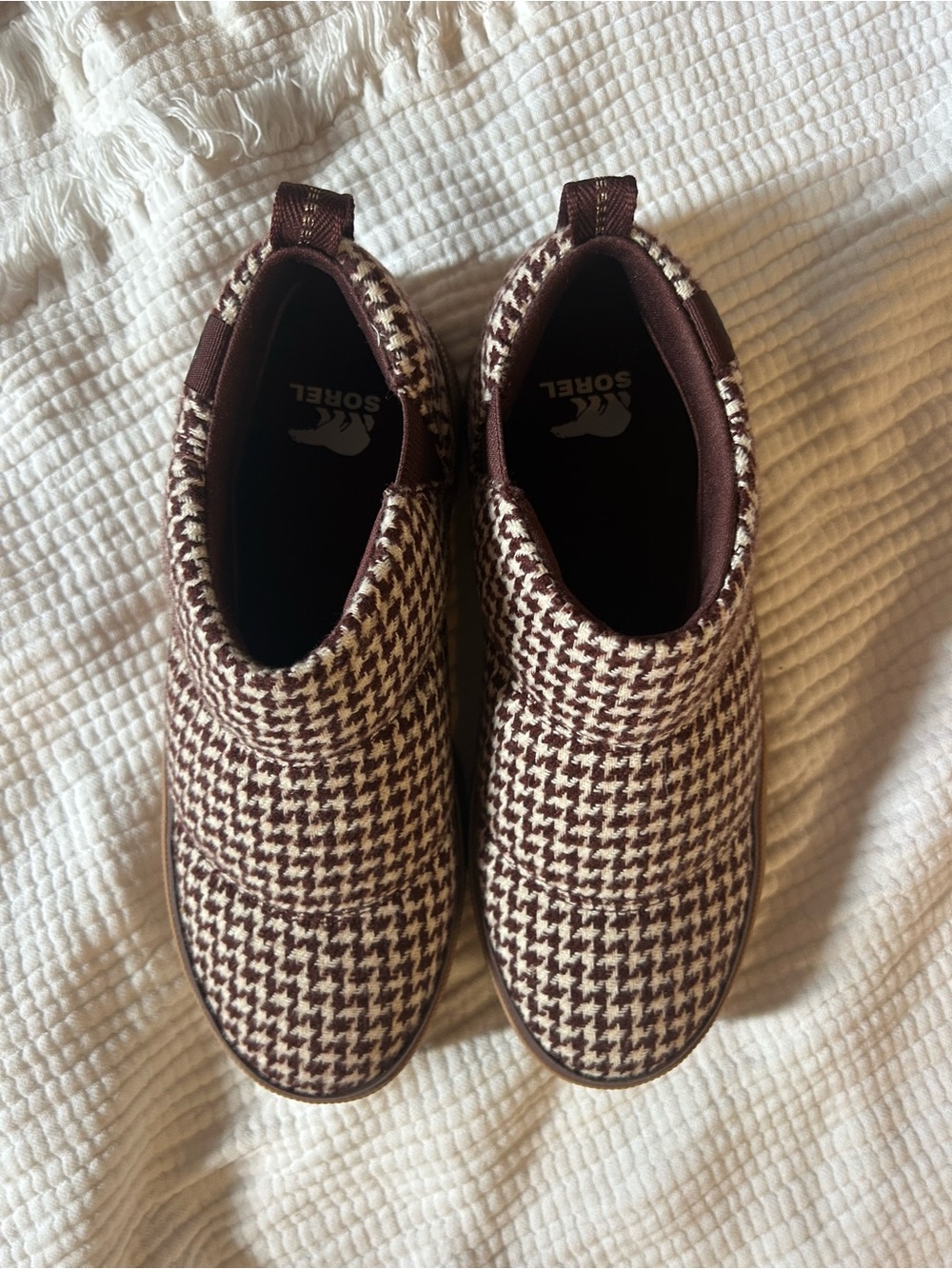 Sorel Brown and Cream Houndstooth Slip-On Ankle Booties